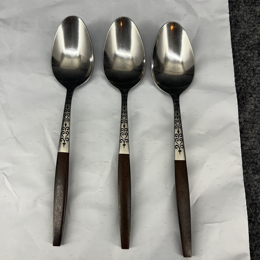 Vtg Interpur Stainless Place/Oval Soup Spoons W/5 1/8" Wooden Handle Japan (3)